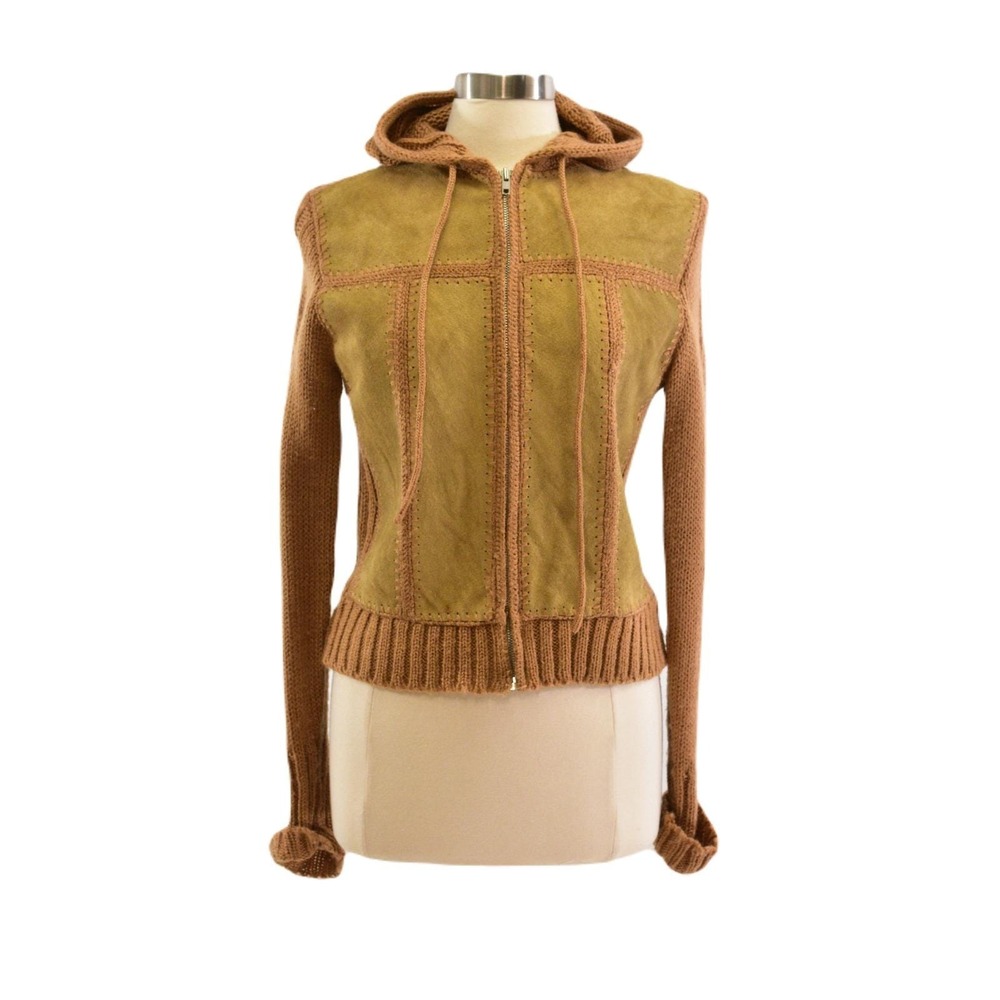 70s Vintage Suede Knit Hoodie Jacket Womens M Brown Boho Hippie Zip Sweater Coat